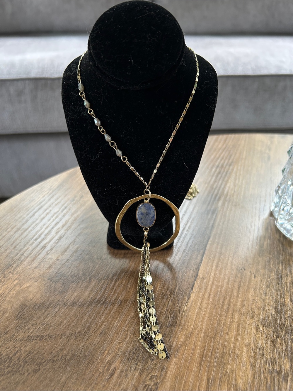 Gold-Tone Blue Stone Circle Tassel Necklace
